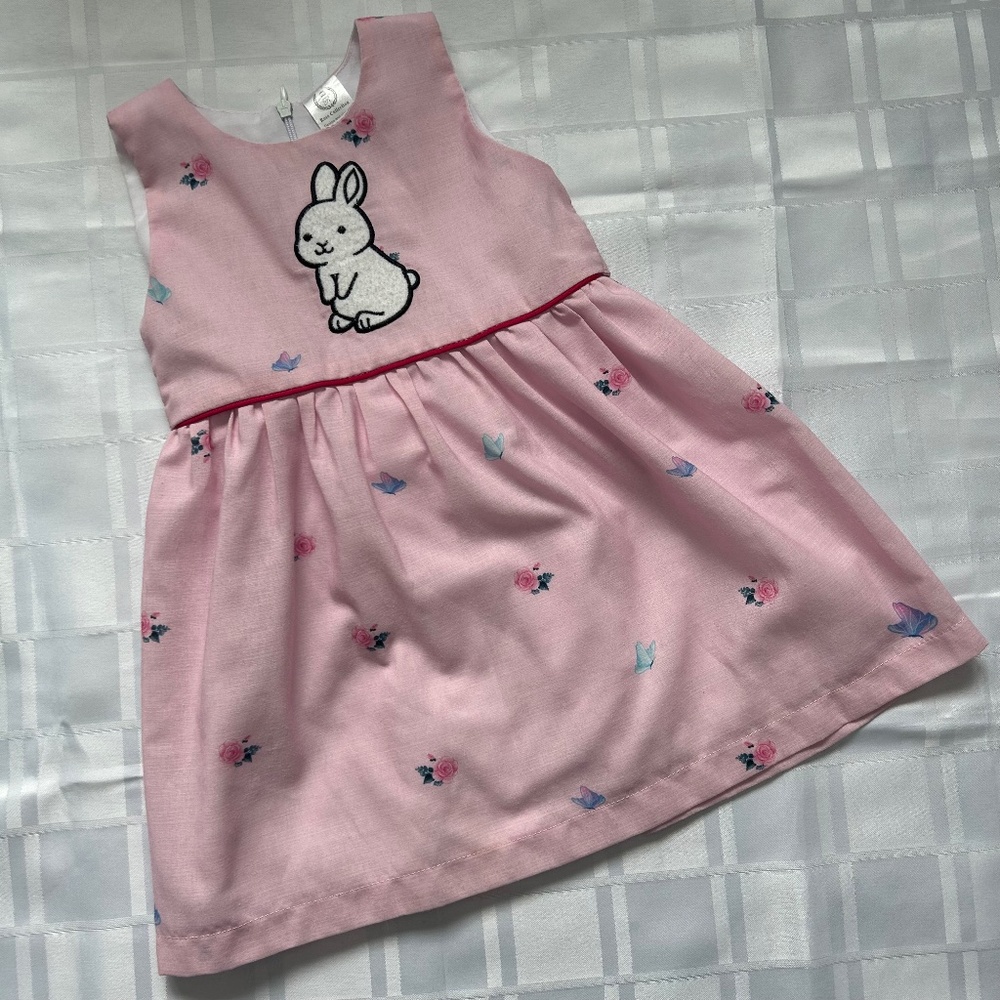 Rose Lightweight Pink Fit and Flare Butterfly Print Dress with Bunny Decal